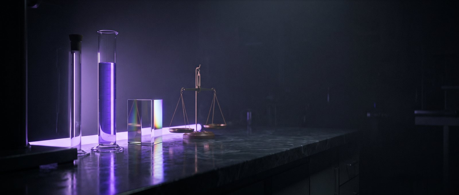 The RealCostLabs bench at night - cylinder, prism and scale under a single violet light