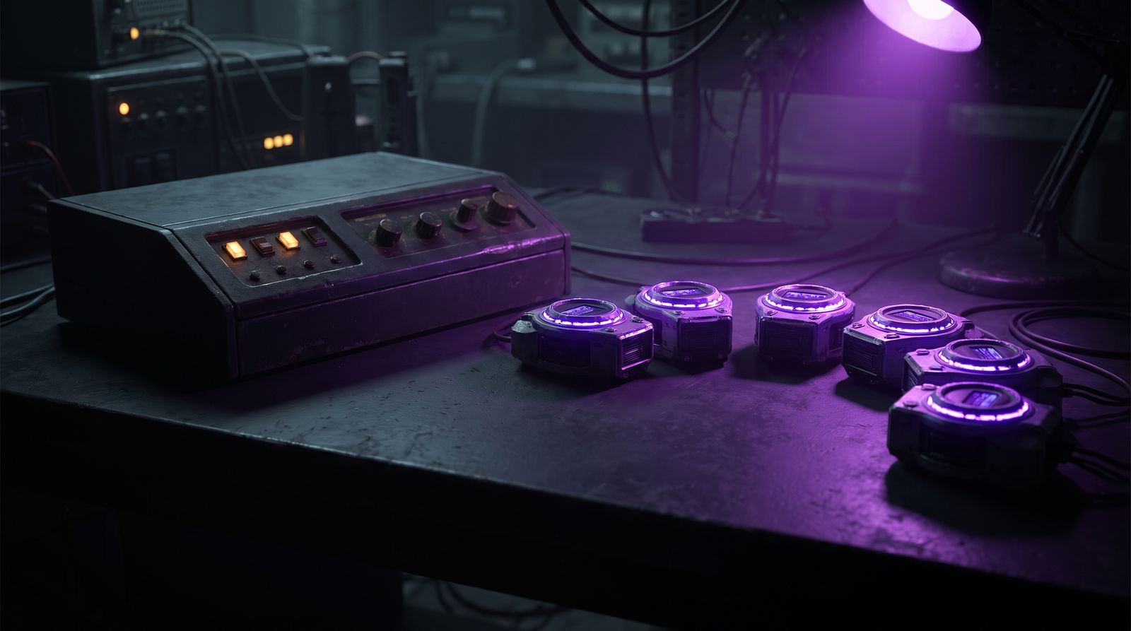 One dim incumbent console facing an arc of six violet-lit challenger devices on a dark lab bench