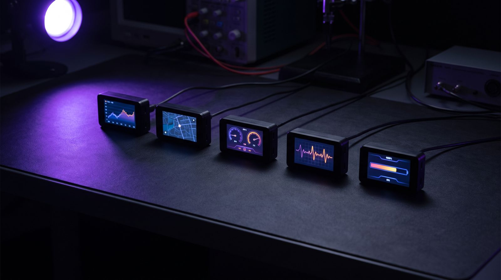 Row of five glowing client dashboards on a dark lab bench under violet light, representing an agency running client accounts on one platform