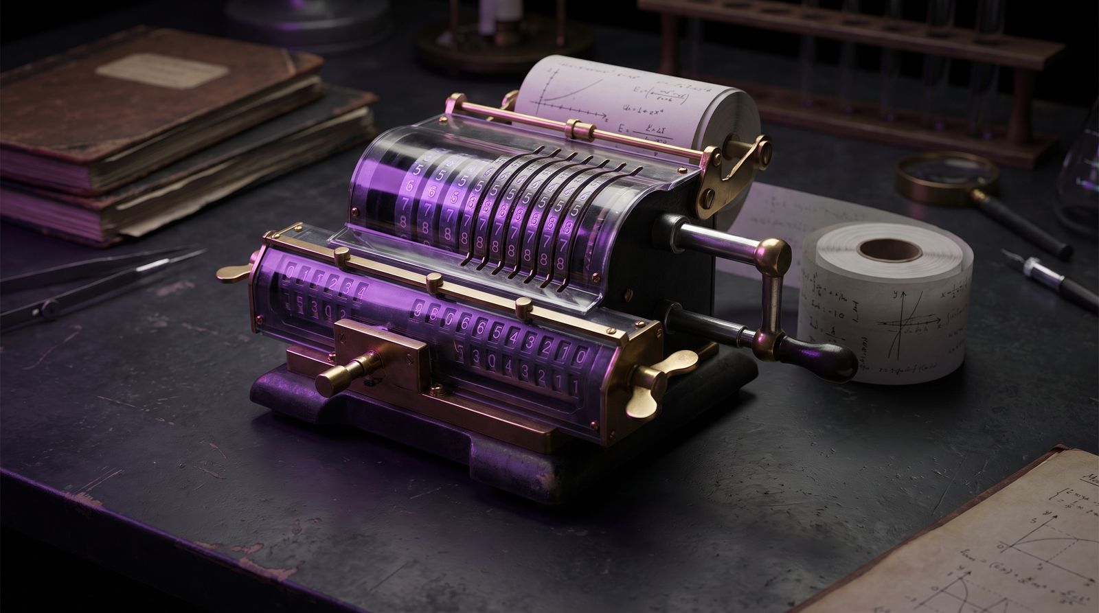 Vintage mechanical calculating machine with glowing violet numeric drums on a dark lab bench