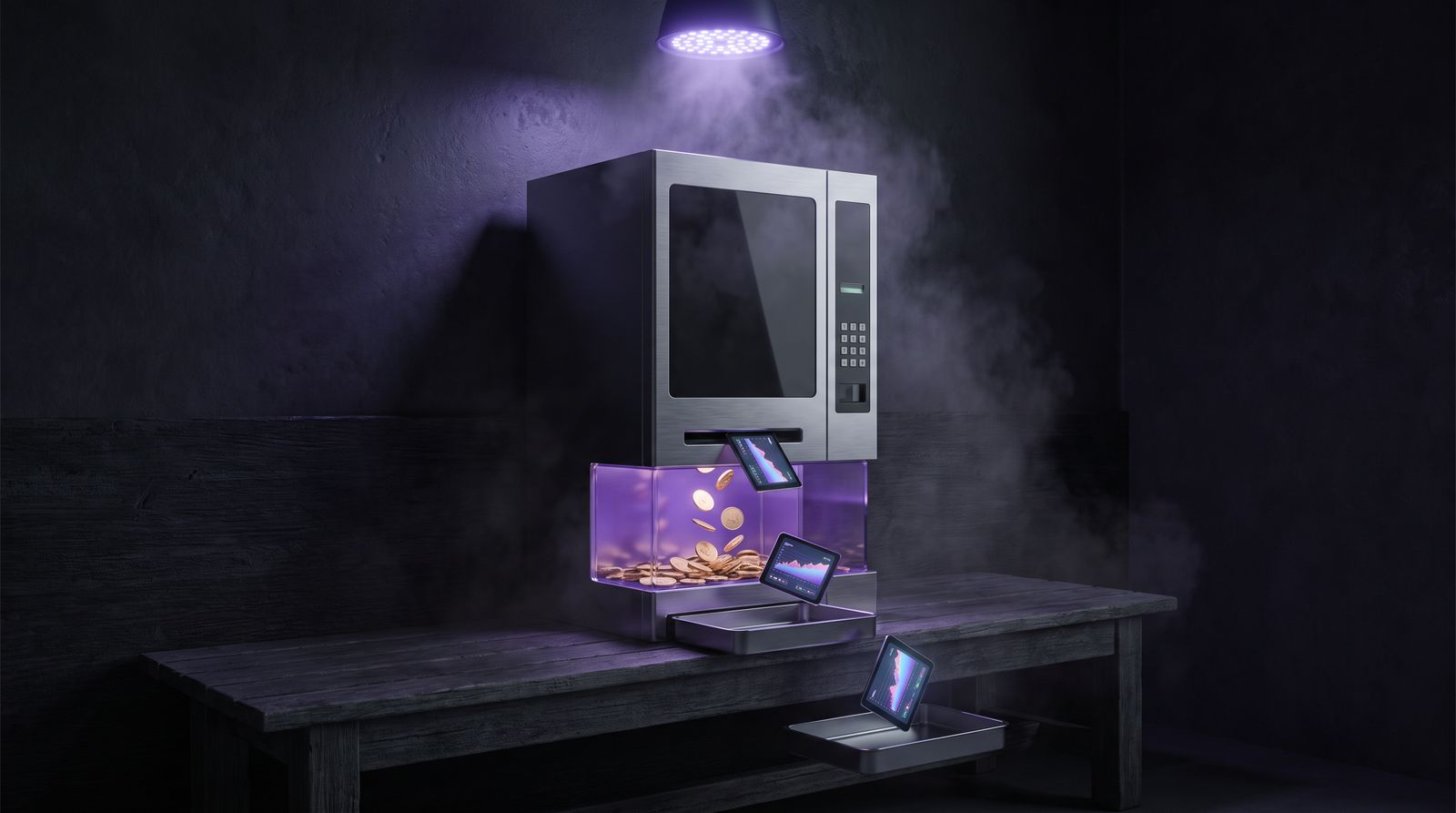 Vending machine dispensing miniature glowing software dashboards while coins funnel back, representing SaaS rebilling