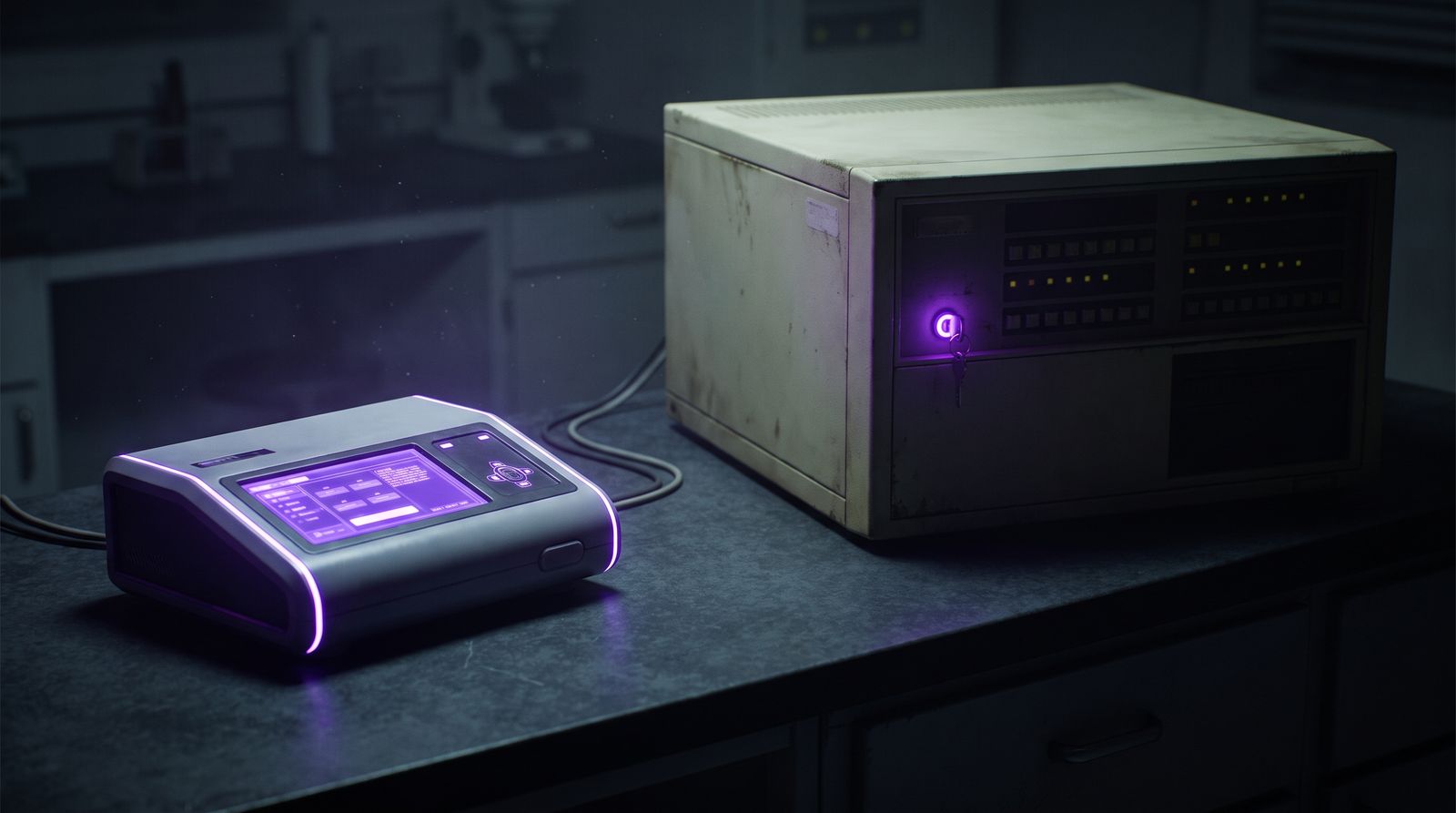 Compact violet-lit agency console facing a large dim corporate mainframe on a dark lab bench