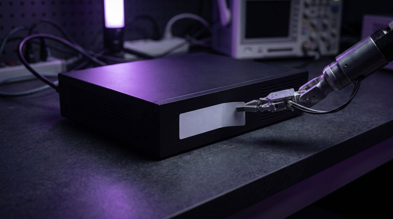 Mechanical arm applying a blank white label onto a dark software appliance under violet light