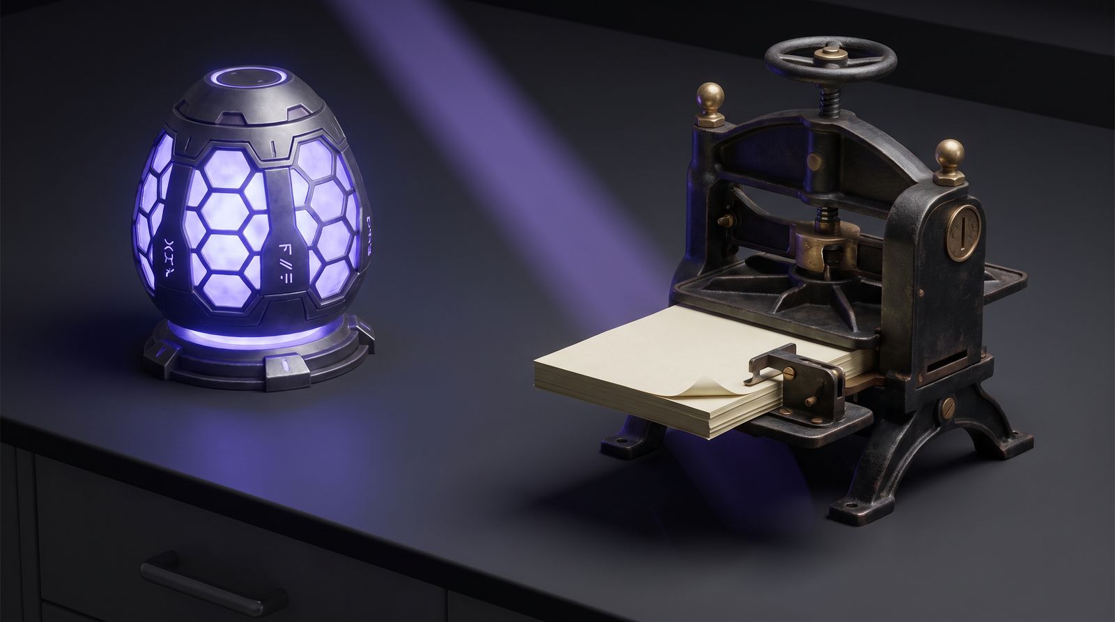 Glowing hive-shaped newsletter machine facing a vintage printing press with a coin slot taking a cut of each sheet, on a dark lab bench