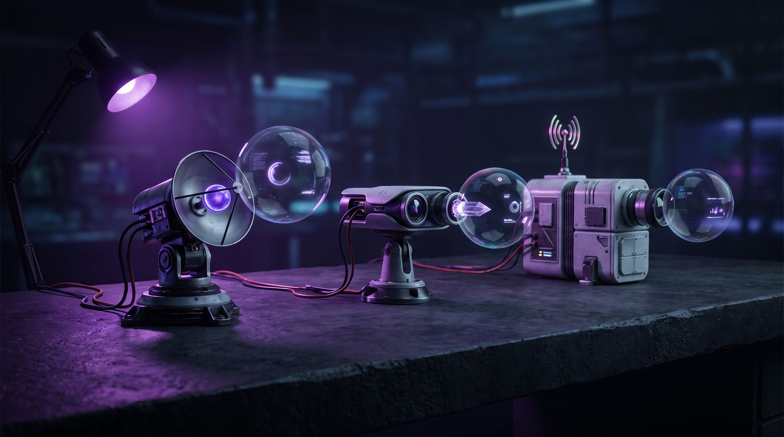 Row of futuristic analysis instruments aiming glowing lenses at a floating holographic answer bubble on a dark lab bench