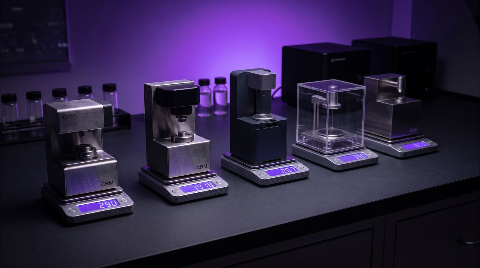 Five compact CRM machines on weighing scales with glowing price displays of different heights, on a dark lab bench