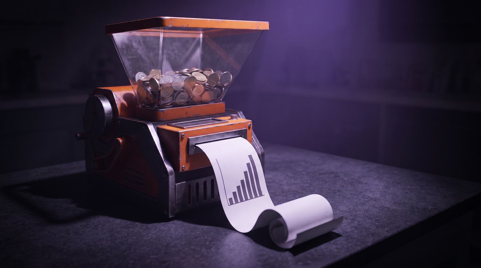 Industrial price-computing machine with stacked coin trays and a long unrolling receipt on a dark lab bench