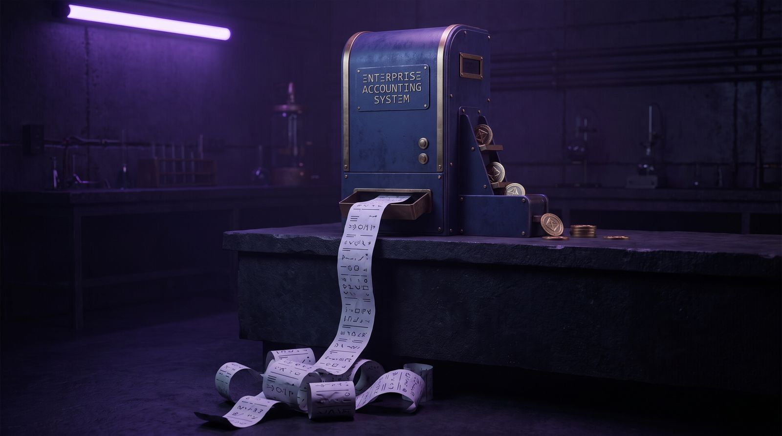 Deep blue enterprise accounting machine feeding per-seat tokens into slots while a long itemized bill unrolls, on a dark lab bench