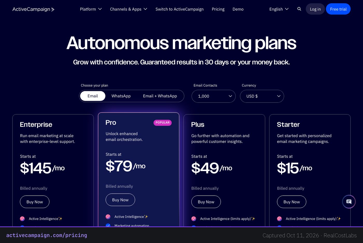 ActiveCampaign pricing page as published by the vendor, captured October 11, 2026
