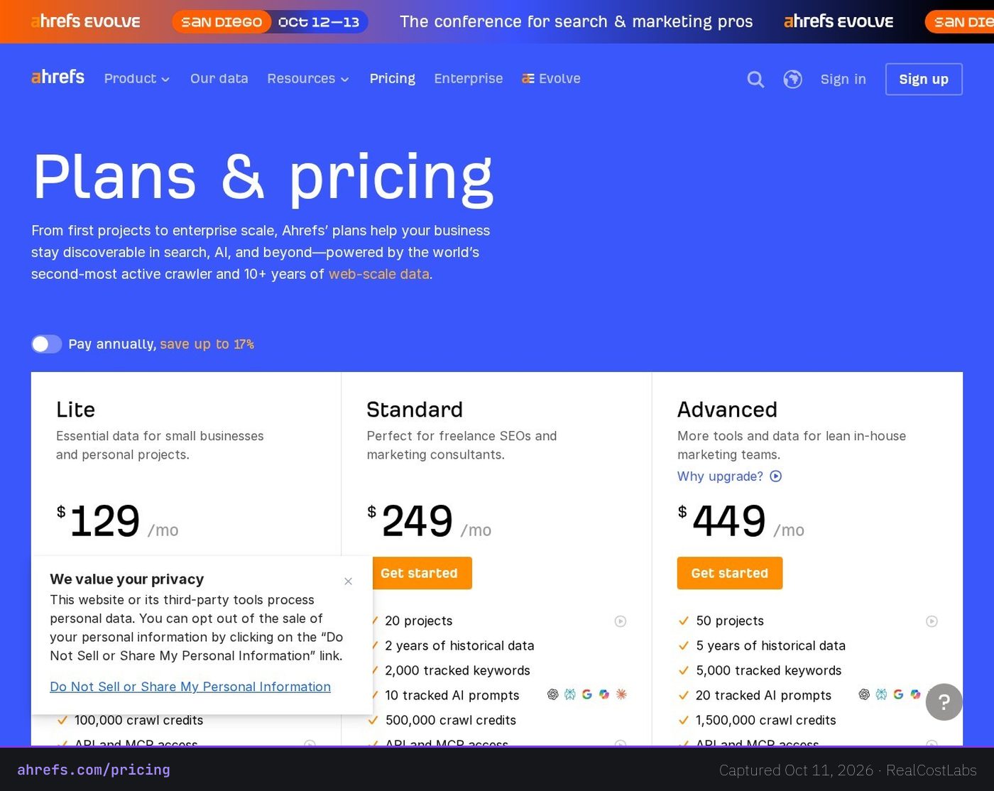 Ahrefs pricing page as published by the vendor, captured October 11, 2026