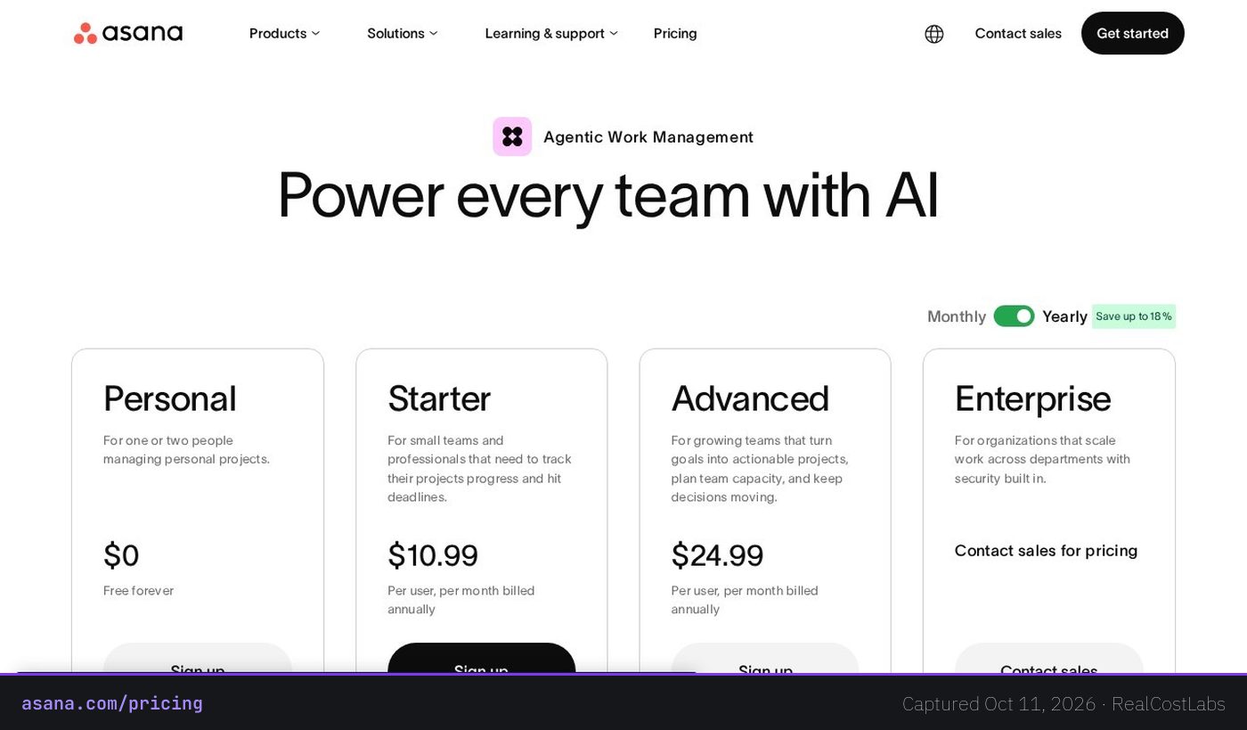 Asana pricing page as published by the vendor, captured October 11, 2026
