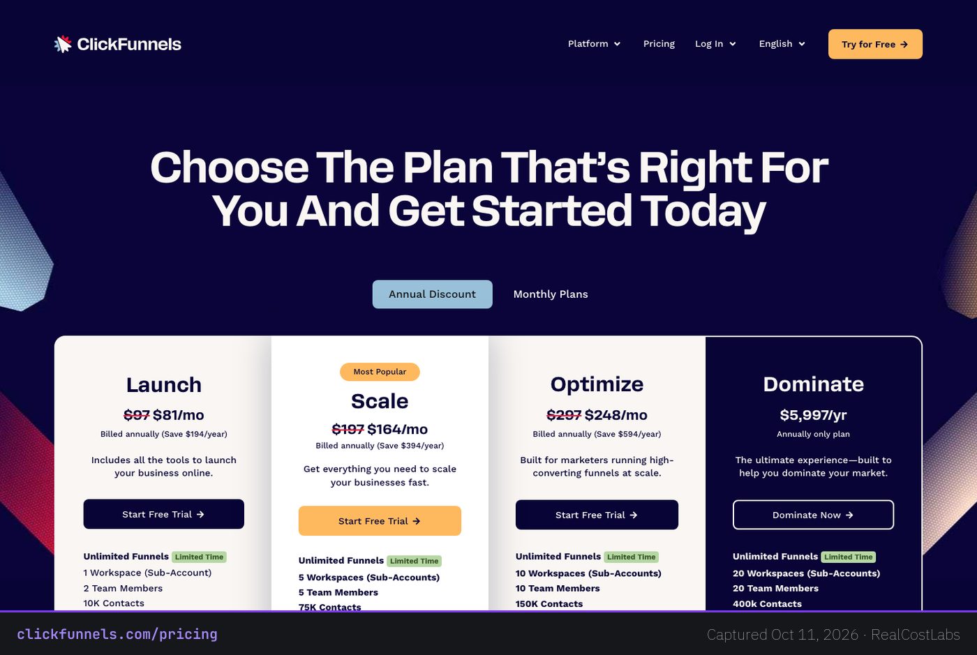ClickFunnels pricing page as published by the vendor, captured October 11, 2026