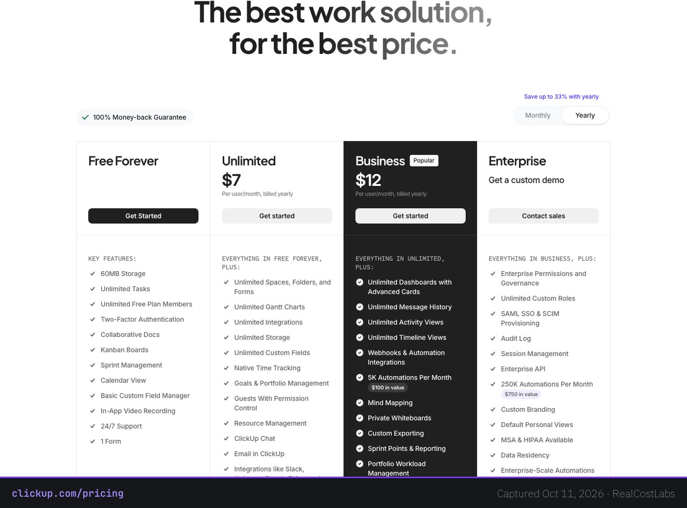 ClickUp pricing page as published by the vendor, captured October 11, 2026