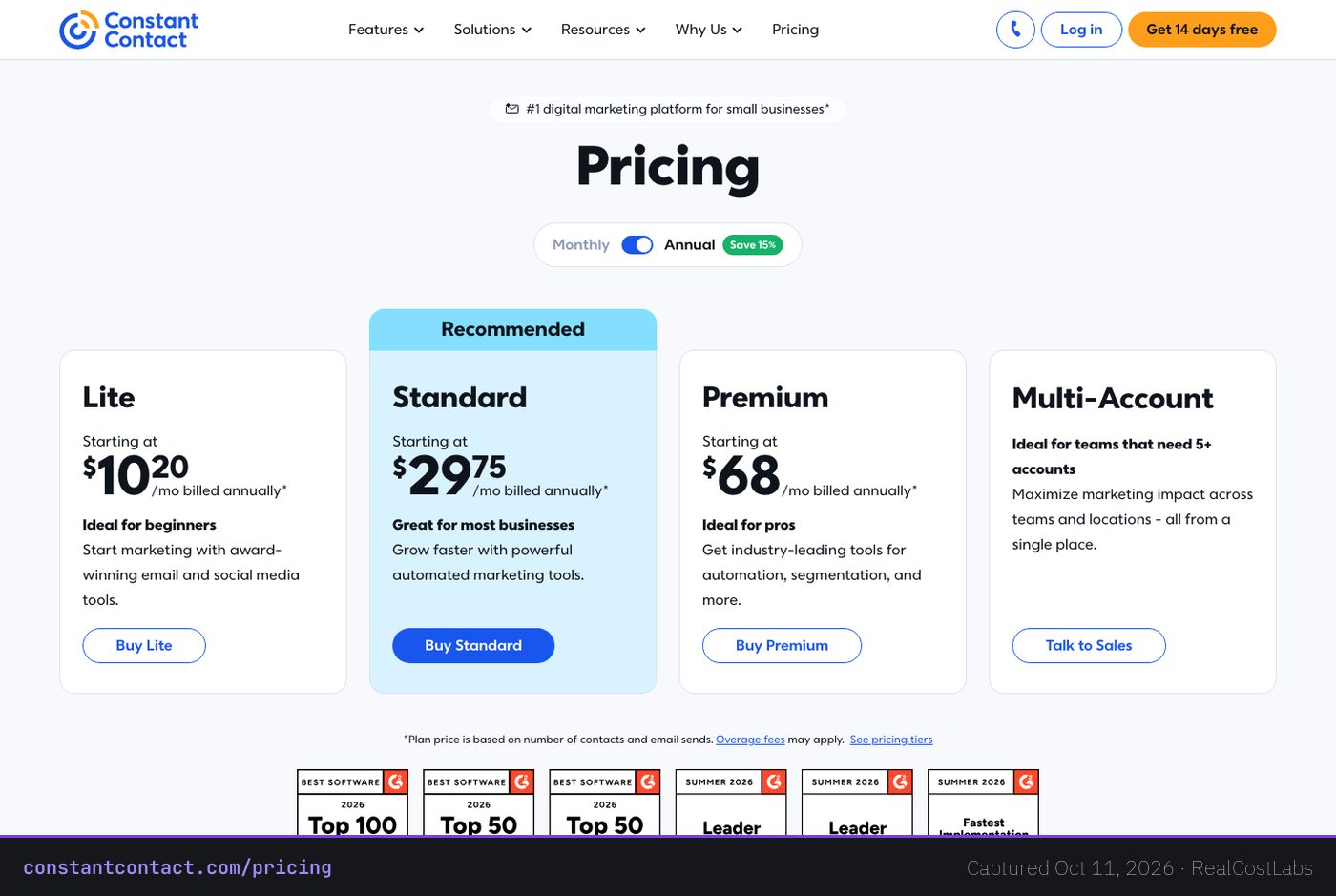 Constant Contact pricing page as published by the vendor, captured October 11, 2026