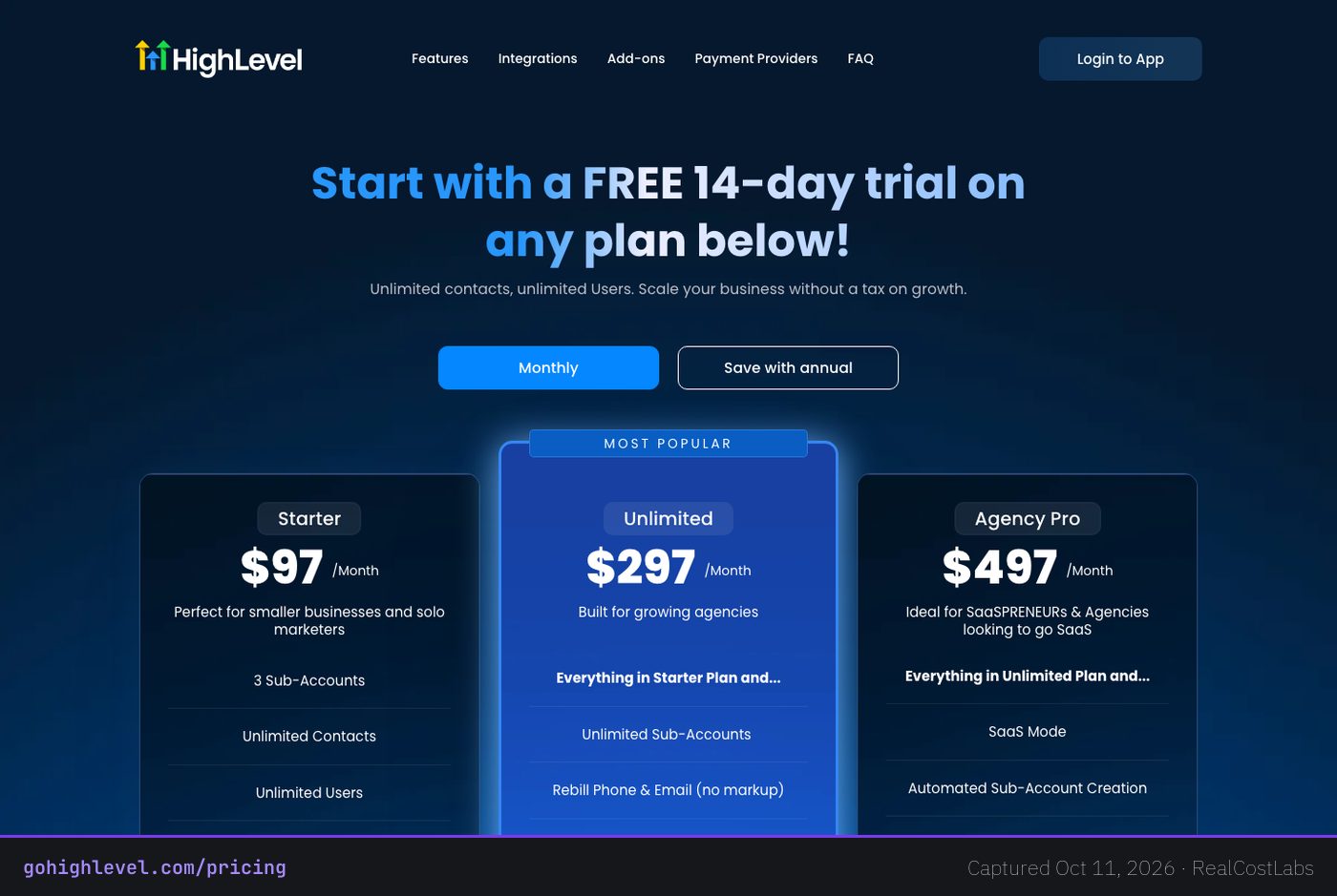 GoHighLevel pricing page as published by the vendor, captured October 11, 2026