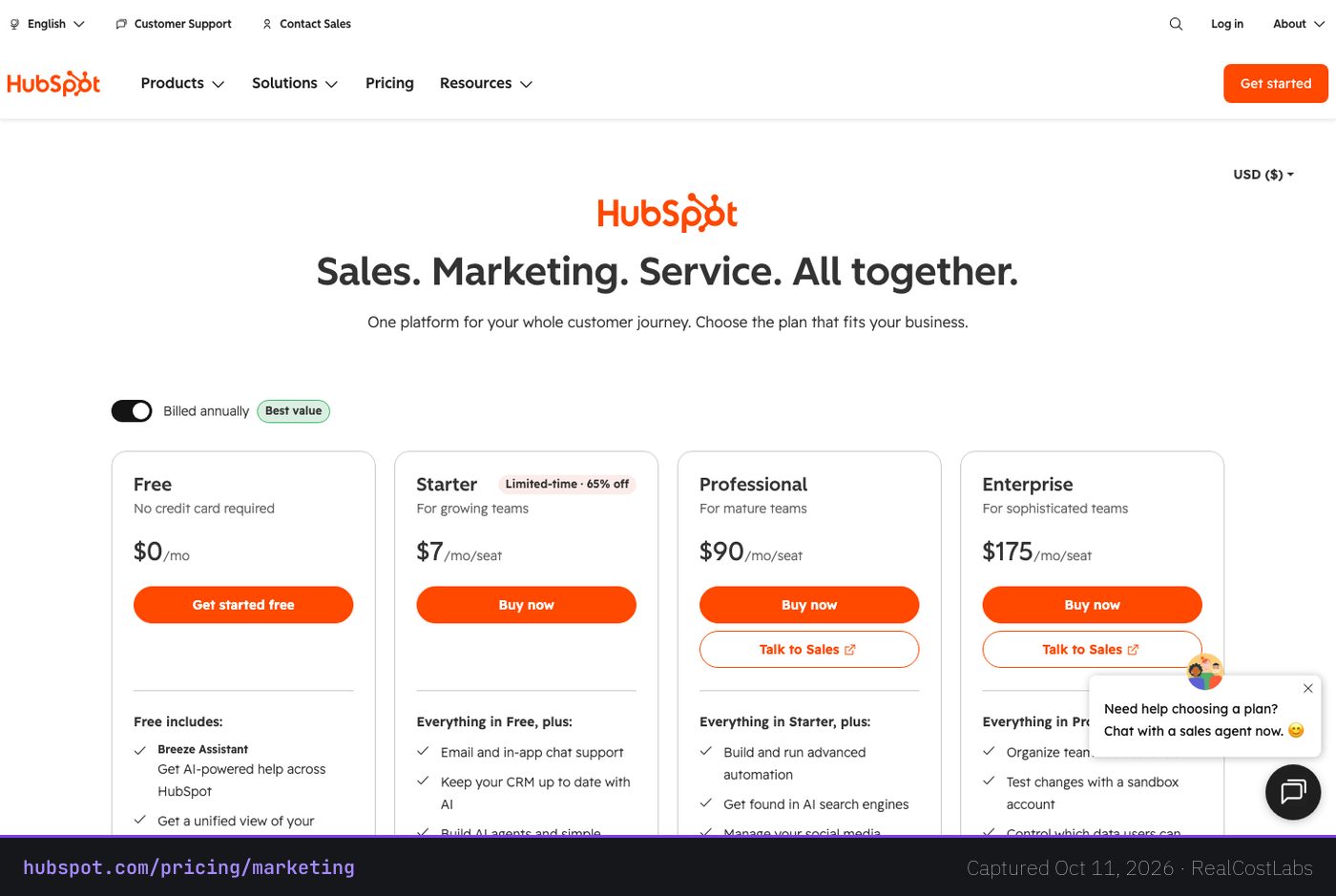 HubSpot pricing page as published by the vendor, captured October 11, 2026