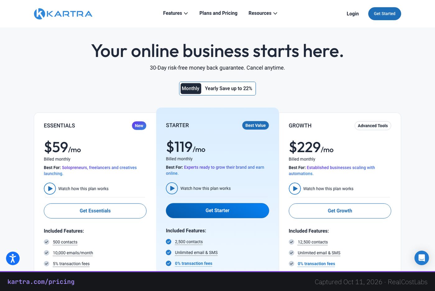Kartra pricing page as published by the vendor, captured October 11, 2026