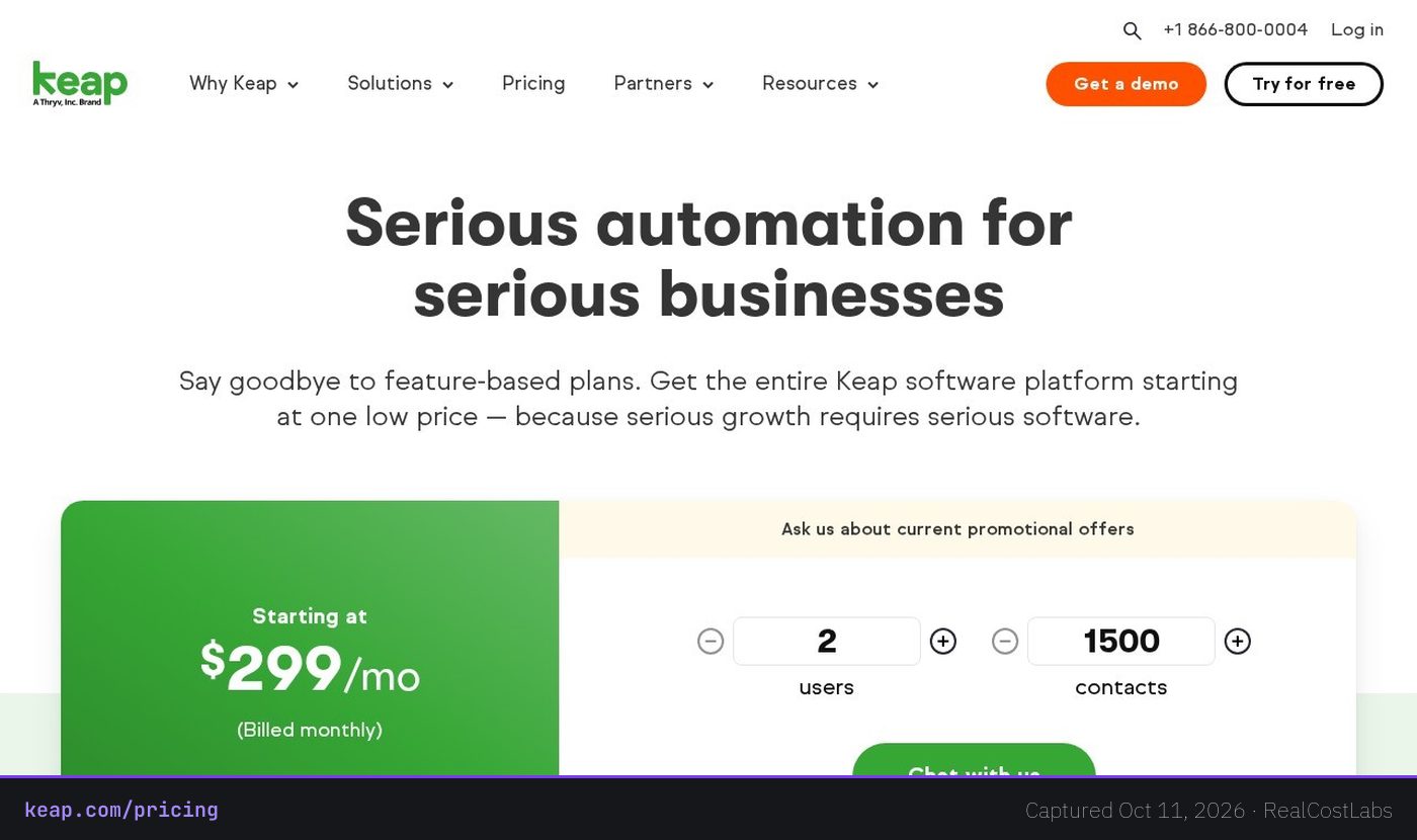 Keap pricing page as published by the vendor, captured October 11, 2026