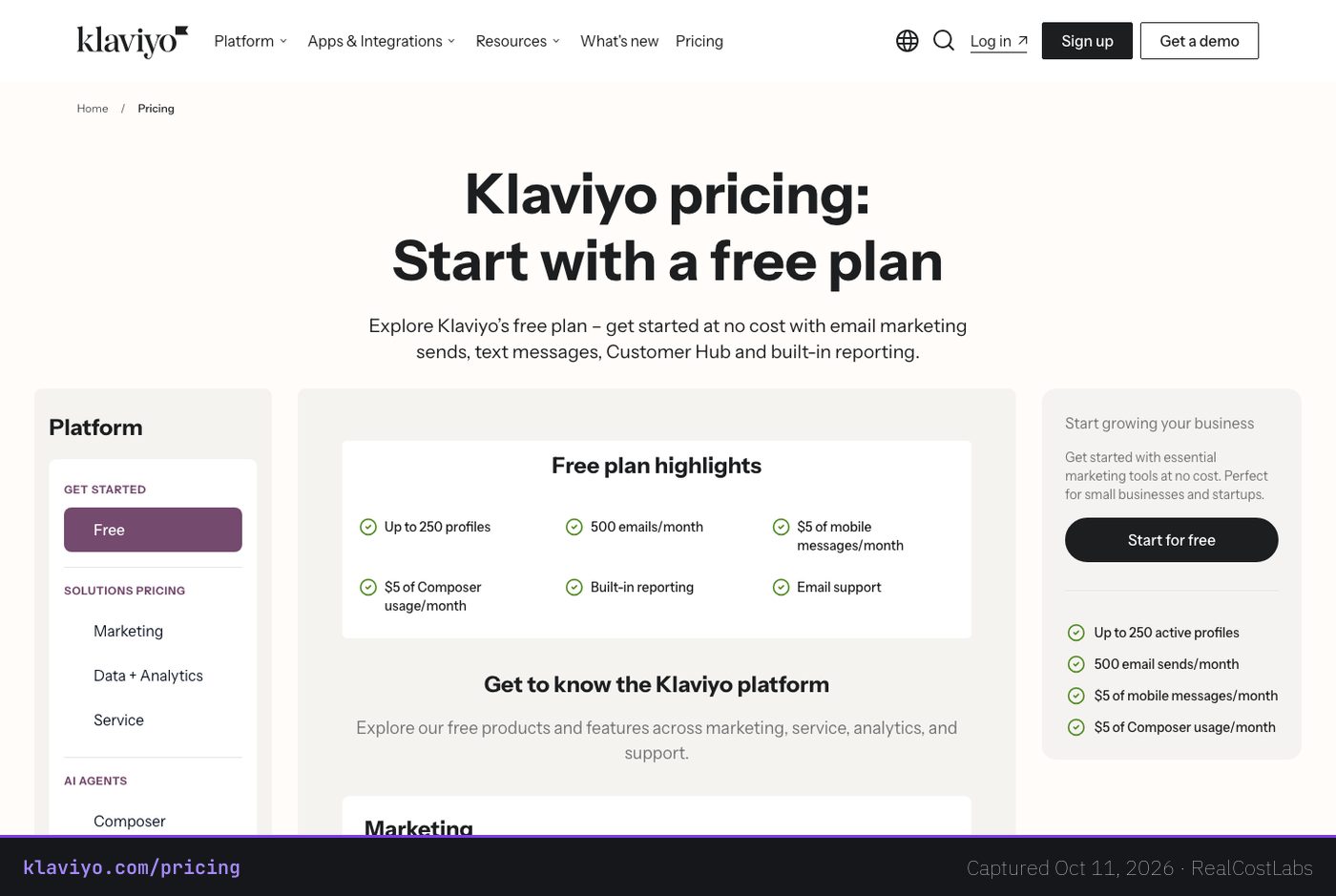 Klaviyo pricing page as published by the vendor, captured October 11, 2026