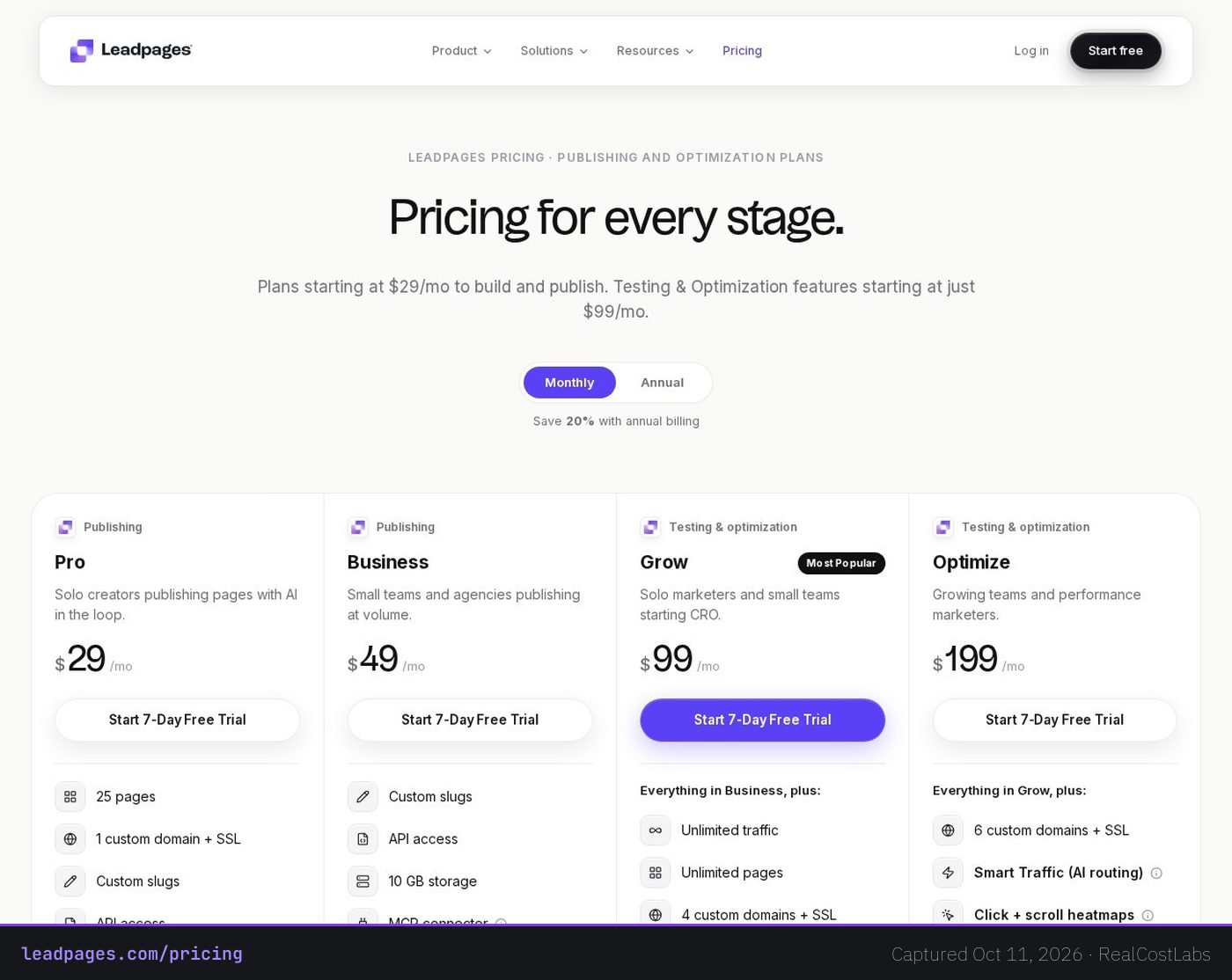 Leadpages pricing page as published by the vendor, captured October 11, 2026