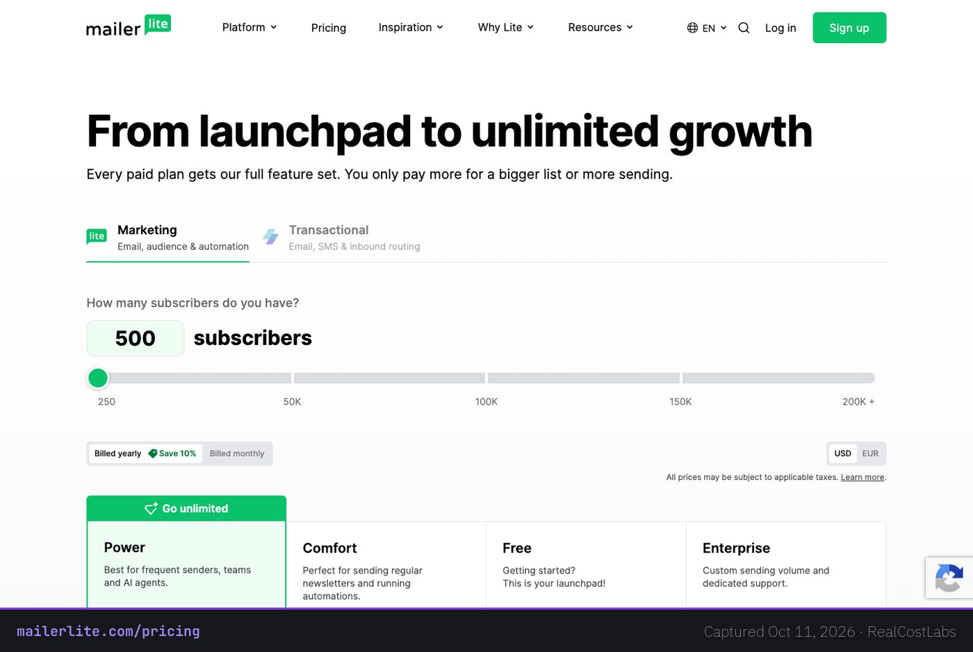 MailerLite pricing page as published by the vendor, captured October 11, 2026