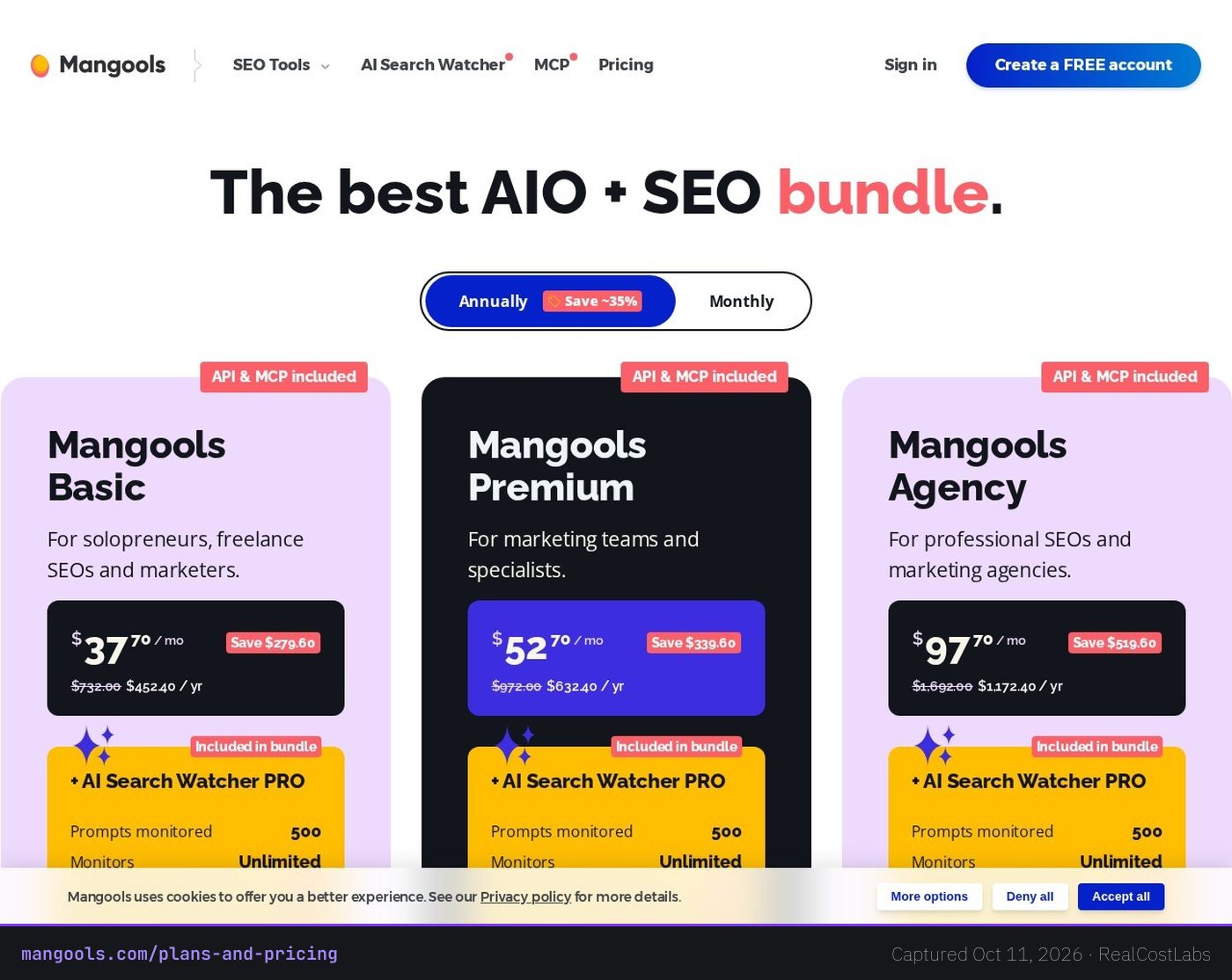 Mangools pricing page as published by the vendor, captured October 11, 2026