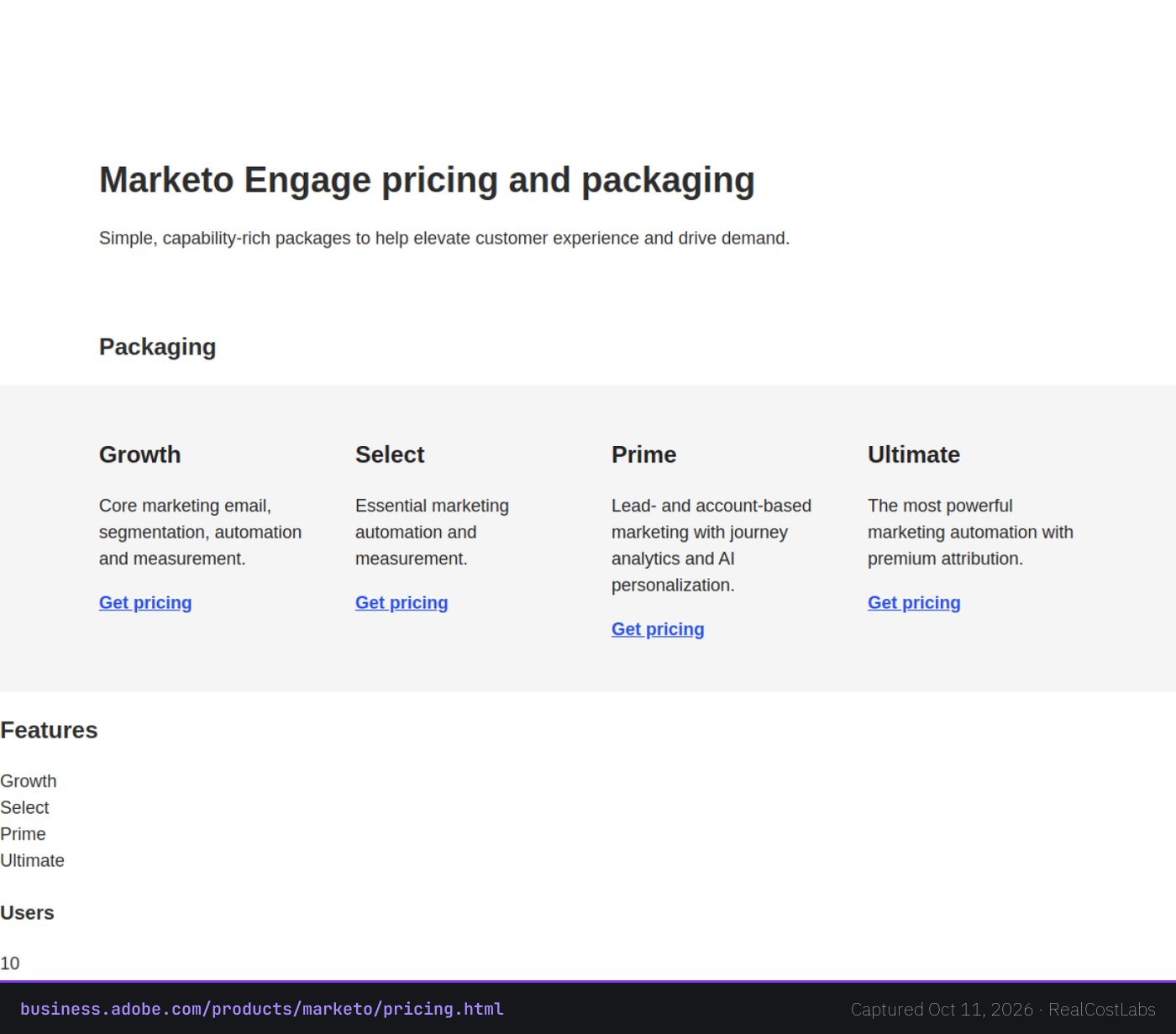 Adobe Marketo Engage pricing page as published by the vendor, captured October 11, 2026