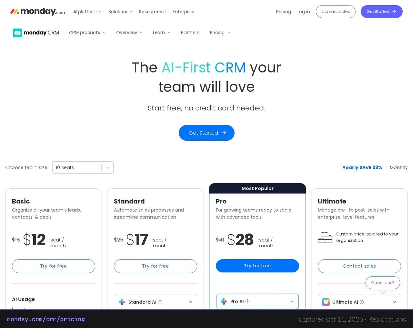 monday CRM pricing page as published by the vendor, captured October 11, 2026