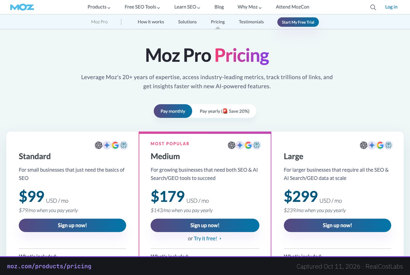 Moz Pro pricing page as published by the vendor, captured October 11, 2026