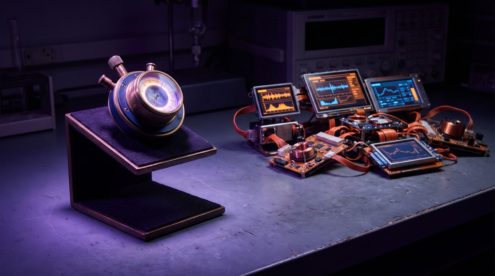 Compact brass-and-blue SEO instrument with a glowing dial facing a sprawling orange data engine with dozens of readouts on a dark lab bench