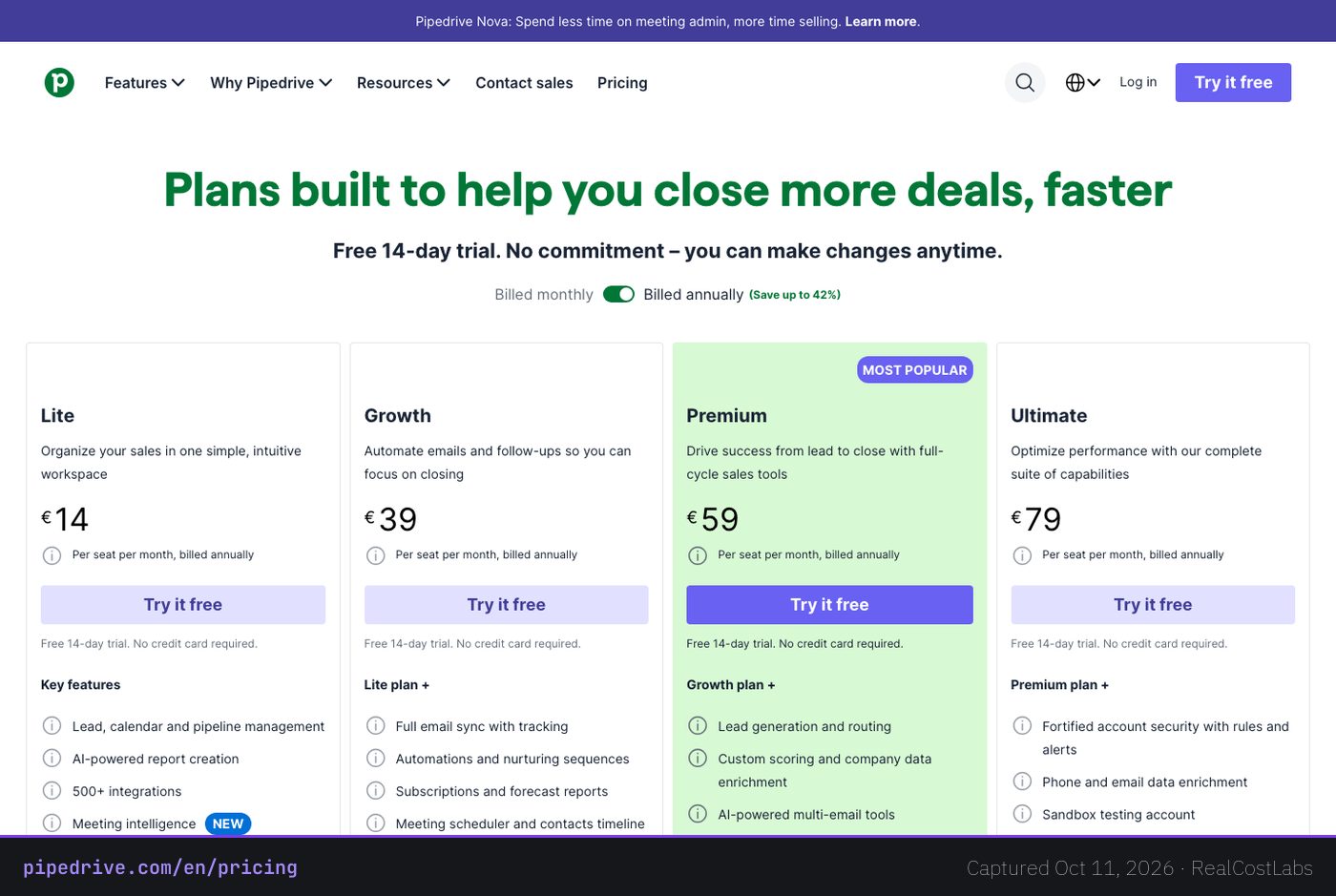 Pipedrive pricing page as published by the vendor, captured October 11, 2026