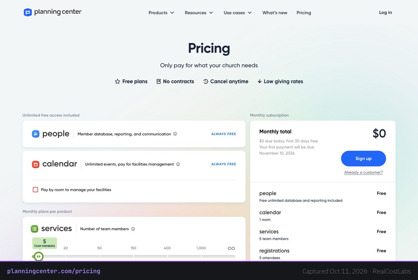 Planning Center pricing page as published by the vendor, captured October 11, 2026