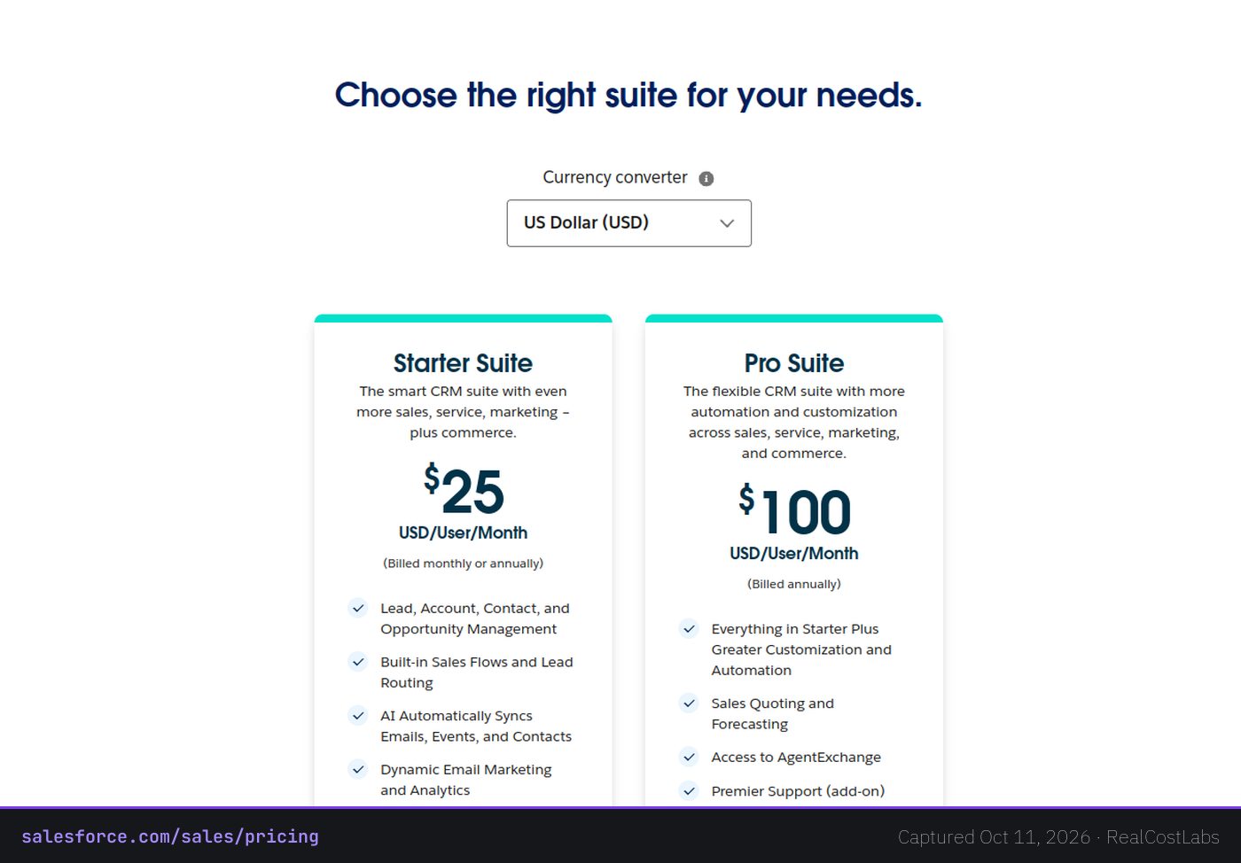 Salesforce Sales Cloud pricing page as published by the vendor, captured October 11, 2026