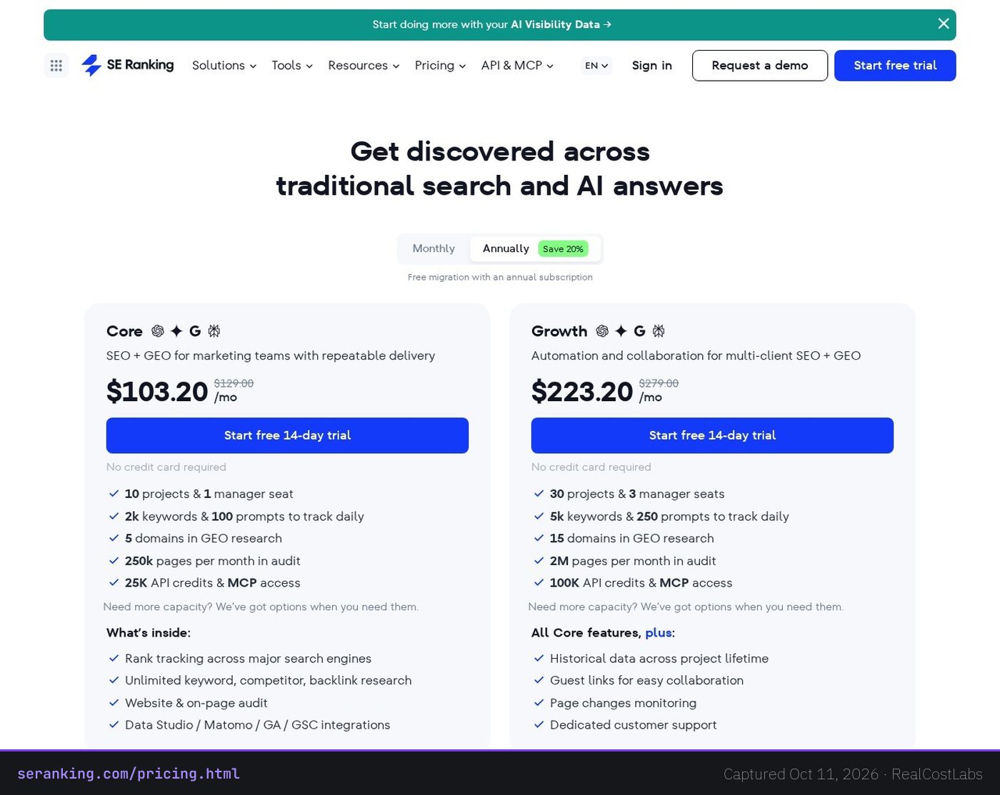 SE Ranking pricing page as published by the vendor, captured October 11, 2026