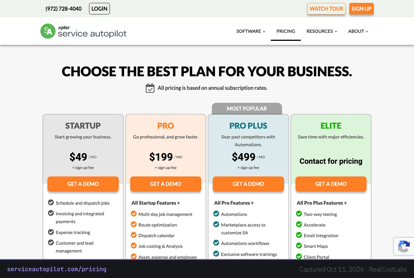 Service Autopilot pricing page as published by the vendor, captured October 11, 2026