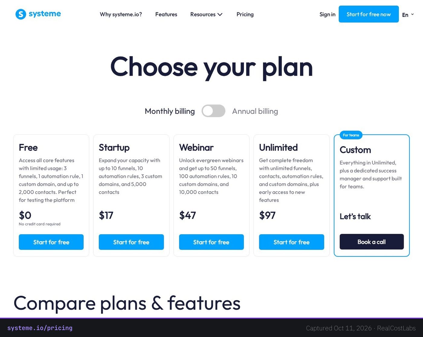 Systeme.io pricing page as published by the vendor, captured October 11, 2026