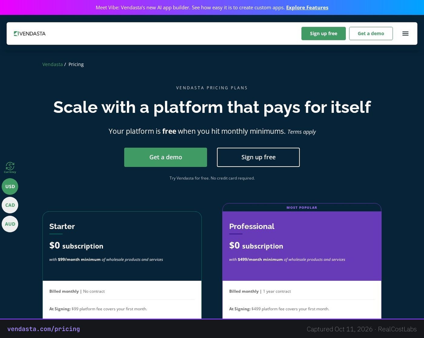 Vendasta pricing page as published by the vendor, captured October 11, 2026