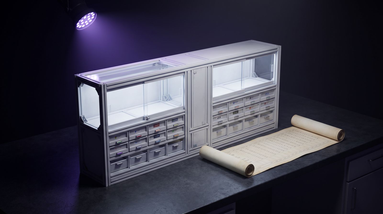 Modular white-label marketplace console with branded storefront drawers and an unrolling reseller ledger on a dark lab bench