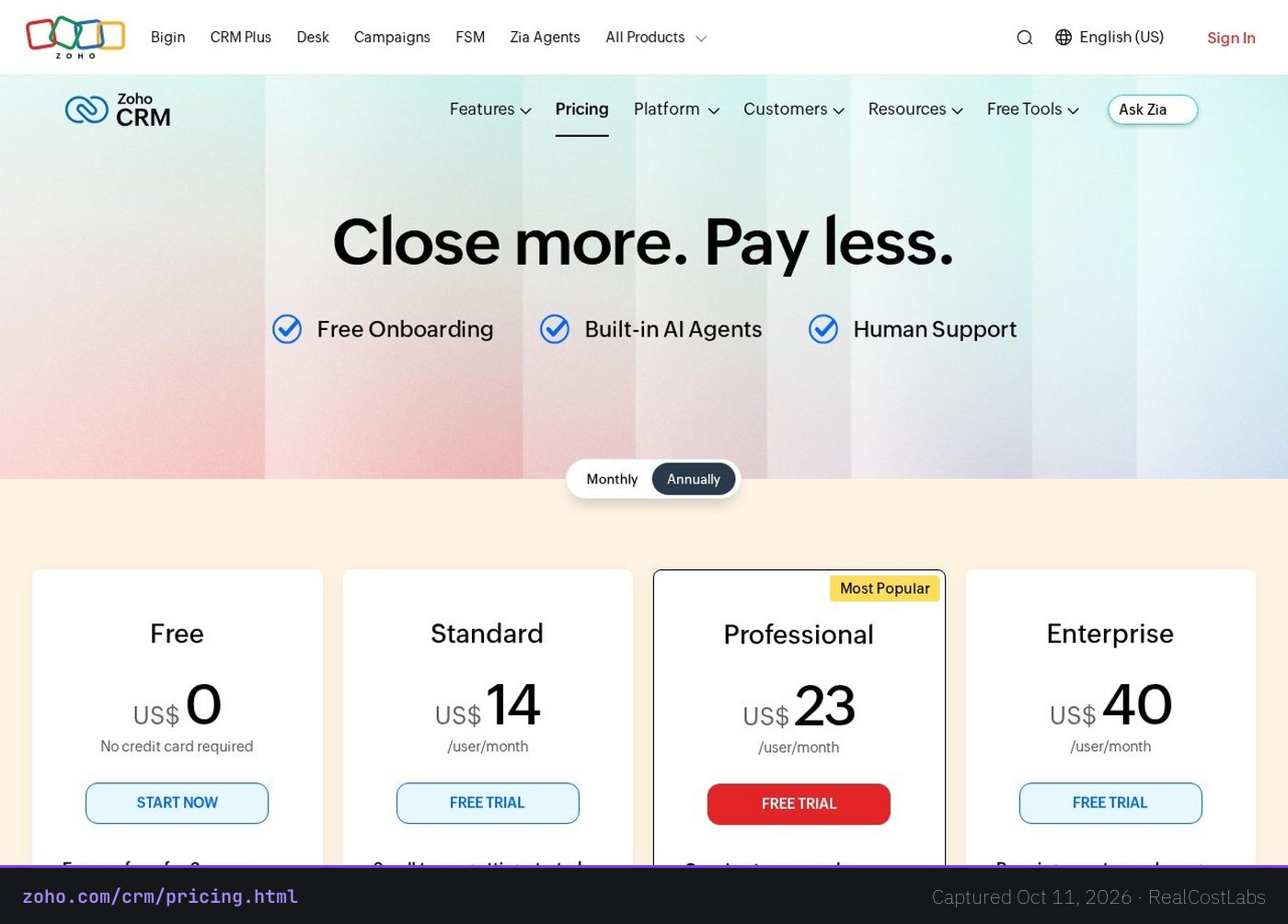 Zoho CRM pricing page as published by the vendor, captured October 11, 2026